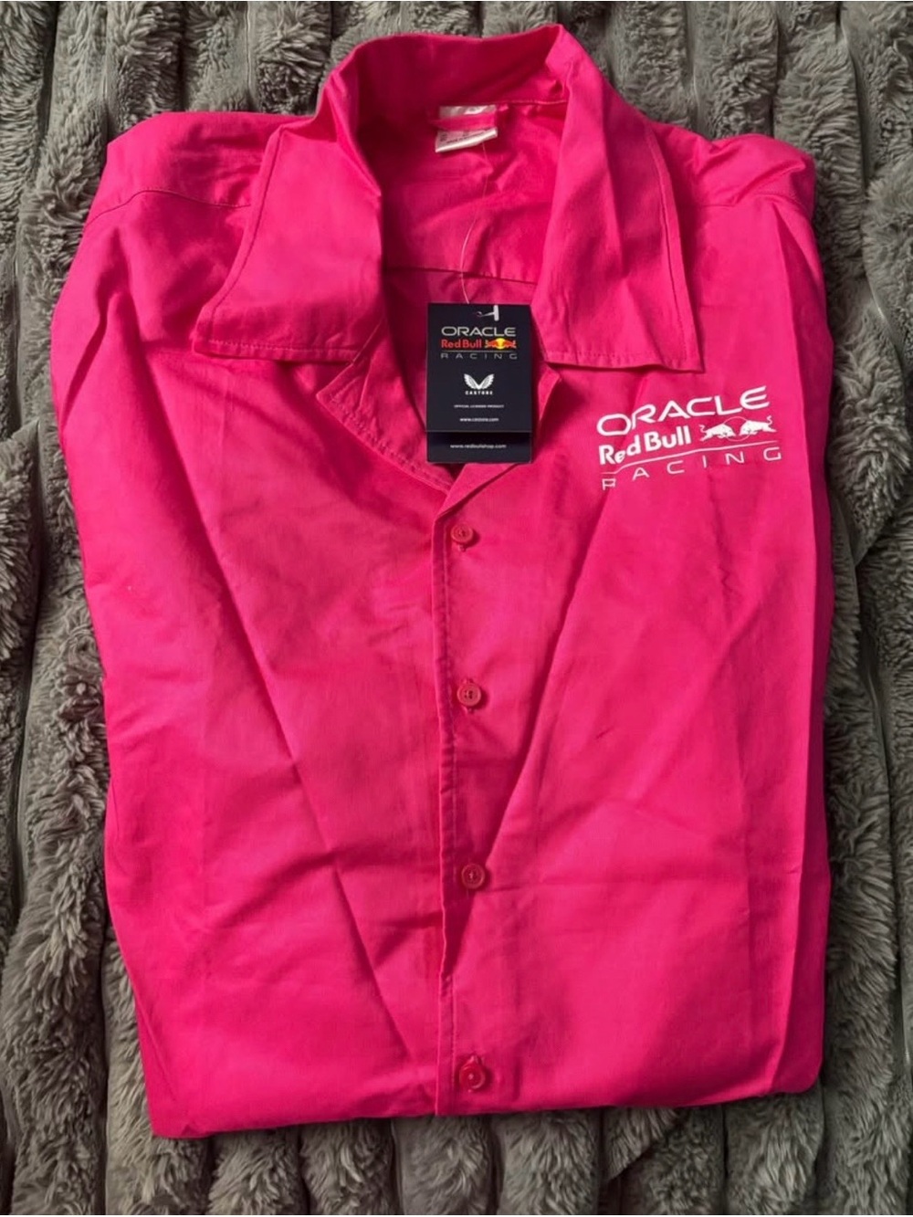 Oracle Red Bull Racing Hot Pink Button-Up Shirt. Brand new with tags in bag
